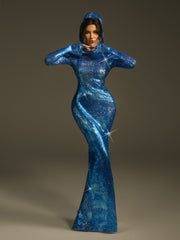 Nebraska Ombre Long Sleeve Hooded Maxi Dress In Sapphire