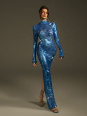 Nebraska Ombre Long Sleeve Hooded Maxi Dress In Sapphire