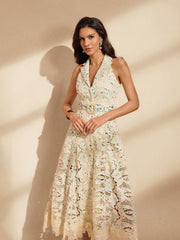 Nergui Folded Collar Embroidered Midi Dress