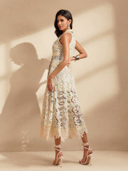 Nergui Folded Collar Embroidered Midi Dress