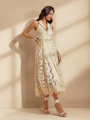 Nergui Folded Collar Embroidered Midi Dress