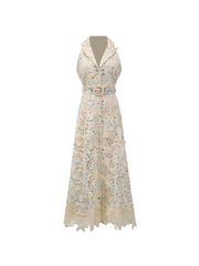 Nergui Folded Collar Embroidered Midi Dress