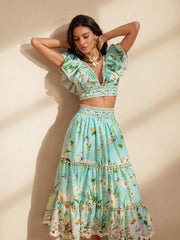 Nerice V Neck Floral Printed Skirt Set