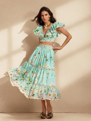 Nerice V Neck Floral Printed Skirt Set