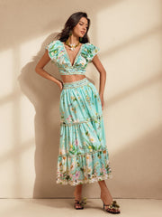 Nerice V Neck Floral Printed Skirt Set