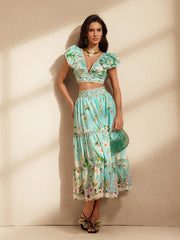 Nerice V Neck Floral Printed Skirt Set