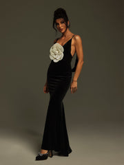 Nketiah Plunge Neck Flower Velvet Maxi Dress