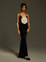 Nketiah Plunge Neck Flower Velvet Maxi Dress