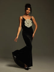 Nketiah Plunge Neck Flower Velvet Maxi Dress