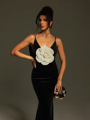 Nketiah Plunge Neck Flower Velvet Maxi Dress