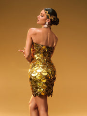 Nyxara Strapless Sequin Embellished Mini Dress In Gold