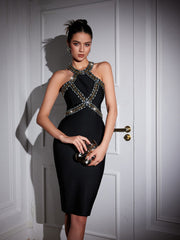 Ochre Halterneck Rhinestone Bandage Midi Dress