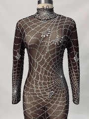 Octavia Cobweb Print Embellished Jumpsuit In Chocolate