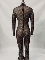 Octavia Cobweb Print Embellished Jumpsuit In Chocolate