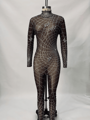 Octavia Cobweb Print Embellished Jumpsuit In Chocolate