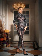 Octavia Cobweb Print Embellished Jumpsuit In Chocolate