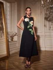Ogima Sleeveless Flower Embroidered Midi Dress In Black