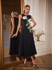 Ogima Sleeveless Flower Embroidered Midi Dress In Black