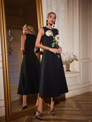 Ogima Sleeveless Flower Embroidered Midi Dress In Black