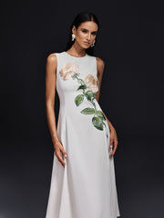 Ogima Sleeveless Flower Embroidered Midi Dress In White