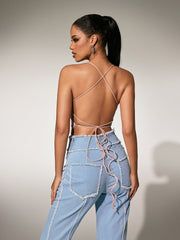 Olthion Tie Up Rhinestone Butterfly Top