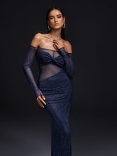 Oluina Off Shoulder Rhinestone Mesh Maxi Dress