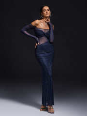 Oluina Off Shoulder Rhinestone Mesh Maxi Dress