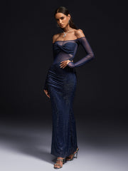 Oluina Off Shoulder Rhinestone Mesh Maxi Dress