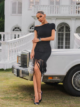 Olythia One Shoulder Fringe Midi Dress In Black