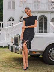 Olythia One Shoulder Fringe Midi Dress In Black