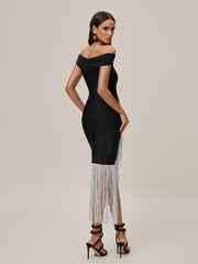 Onatah Off Shoulder Fringe Bandage Midi Dress
