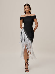 Onatah Off Shoulder Fringe Bandage Midi Dress