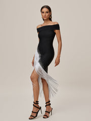 Onatah Off Shoulder Fringe Bandage Midi Dress
