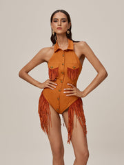 Ontibile Folded Collar Fringe Bodysuit