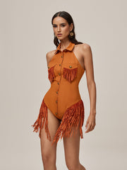 Ontibile Folded Collar Fringe Bodysuit