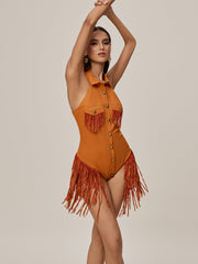 Ontibile Folded Collar Fringe Bodysuit