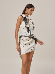 Ooko Halterneck Dot Lace Ruffle Mini Dress