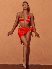 Orelia Satin Bikini Three Piece Set In Orange