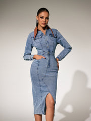 Plthar Folded Collar Split Midi Dress