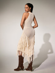 Plyra Sleeveless Knitted Fringe Midi Dress