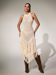 Plyra Sleeveless Knitted Fringe Midi Dress