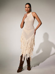 Plyra Sleeveless Knitted Fringe Midi Dress