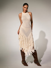 Plyra Sleeveless Knitted Fringe Midi Dress