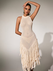 Plyra Sleeveless Knitted Fringe Midi Dress