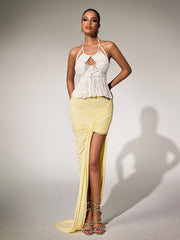 Pryon Halterneck Cutout Fringe Knitted Top