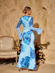 Pyxaris V Neck Split Floral Maxi Dress