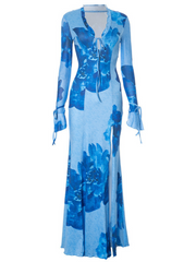 Pyxaris V Neck Split Floral Maxi Dress