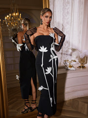 Qaelyra Strapless Flower Midi Dress With Gloves