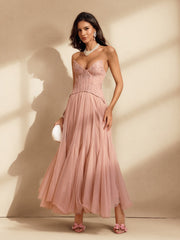 Qexara Strapless Lace Mesh Maxi Dress