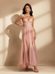 Qexara Strapless Lace Mesh Maxi Dress